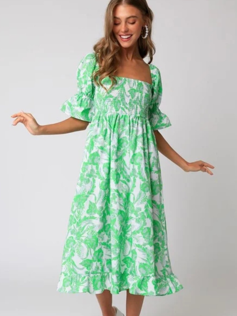 Olivaceous Floral Cotton Feminine Smocked Midi Dress Size S